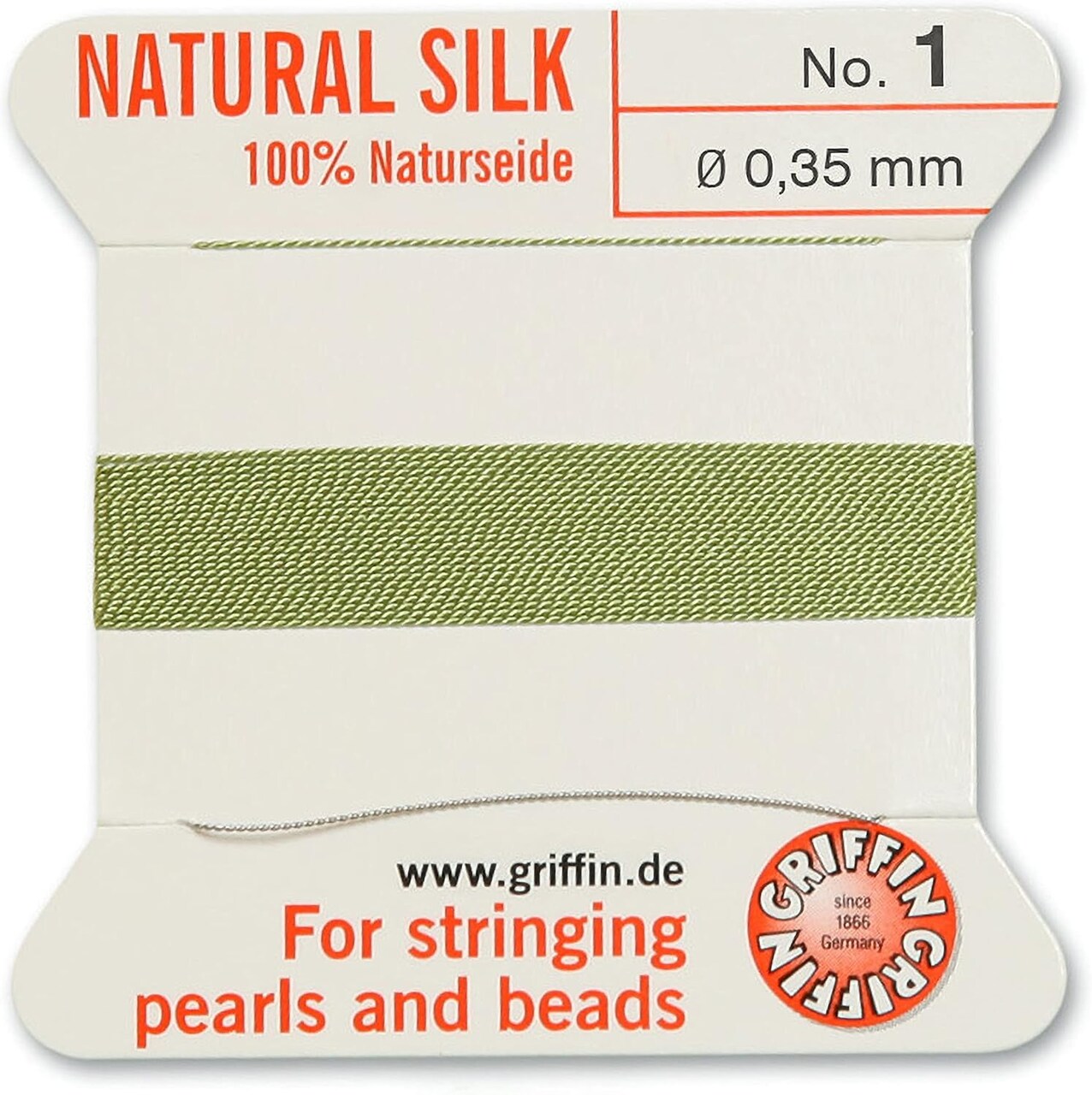Griffin Silk Bead Cord Perlseide – Size 1 (0.35mm) – 2 Meters per Card – Stainless Steel Needle Attached – for Knotting Pearls, Gemstones, Crystals and Beads
